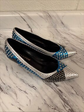 Saint Laurent Silver, Blue & Black Studded Pointed Toe kitten heel pumps